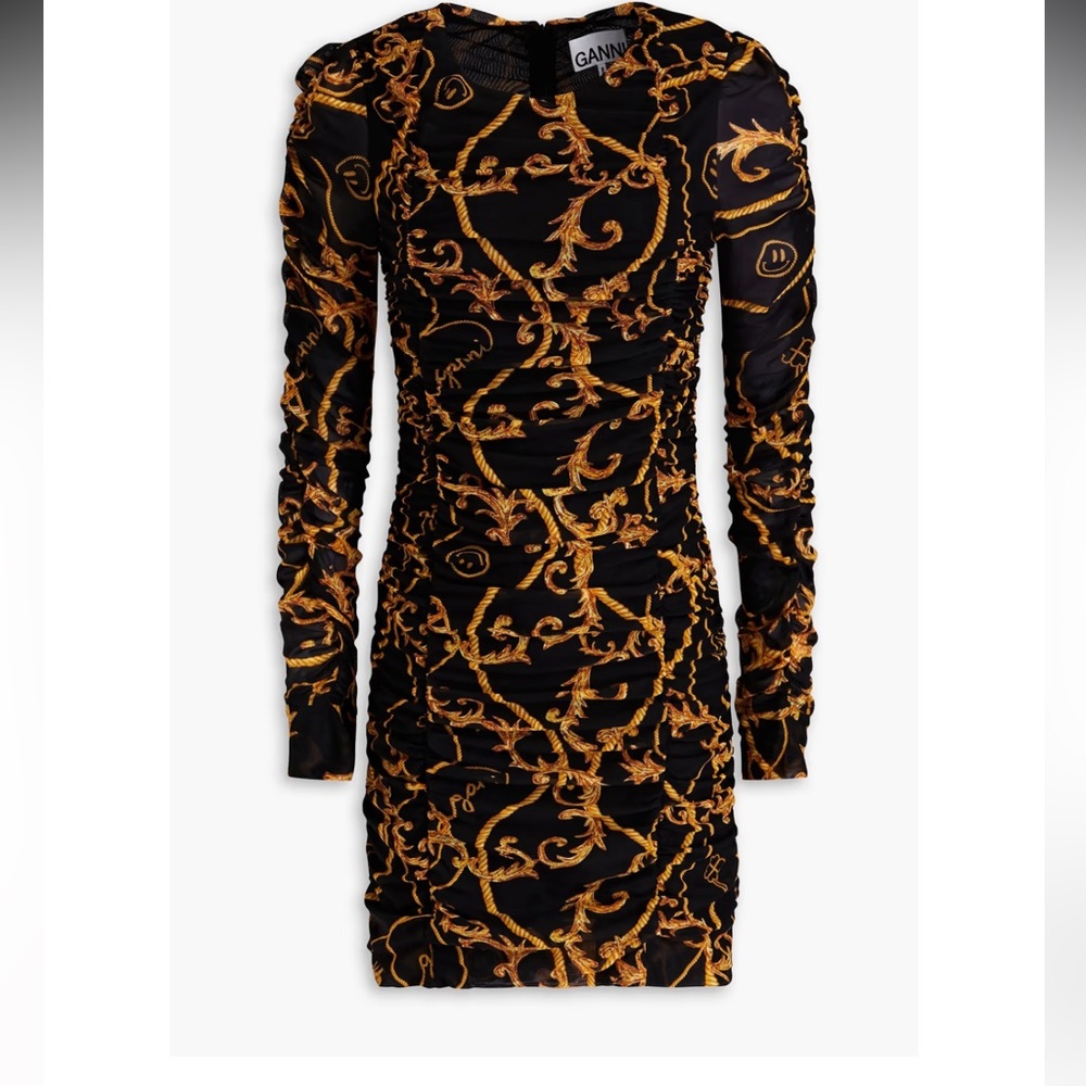 Ganni Ruched Black Brocade Dress Sz 34 XS